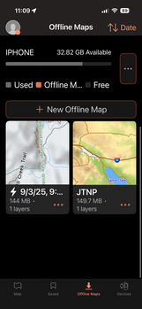 Screenshot of an offline maps application showing a list of downloaded map regions with file sizes and layer information.