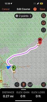 Screenshot of a running route tracking app showing a curved path with elevation gain displayed at the bottom.