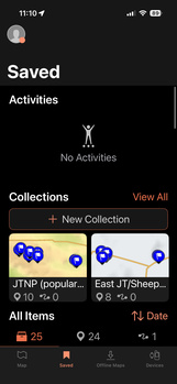 Screenshot of a mobile app's Saved section showing empty Activities and Collections panels with options to create new collections.