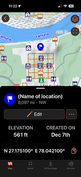 Screenshot of a map application showing a coastal location with elevation data and creation date metadata.