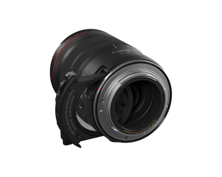 Professional cinema lens with focus ring and depth-of-field markings shown against white background.