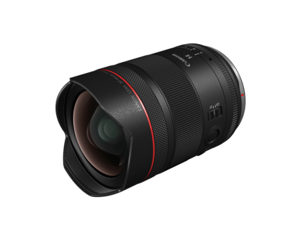 Wide-angle camera lens with black barrel and red accent ring, shown at three-quarter angle against white background.