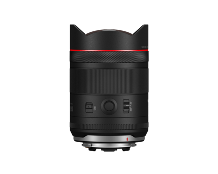 Black telephoto lens with red accent band and control buttons on barrel against white background.