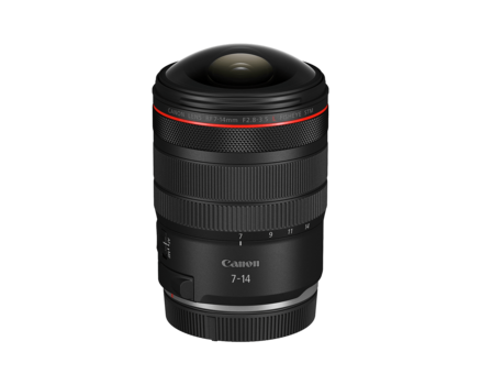 Canon RF 7-14mm ultra-wide zoom lens with red accent band, displayed against white background.