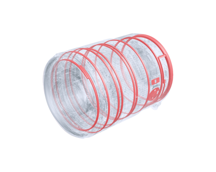 Transparent mesh cat tunnel with red fabric framework and reinforced ring supports.