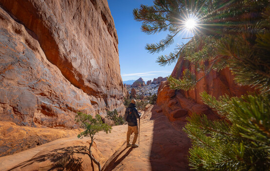 Hiker standing in a narrow canyon with towering red rock walls under bright sunlight.