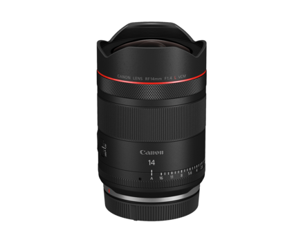 Canon RF 14mm f/1.4L USM ultra-wide angle lens with red ring accent and hood.