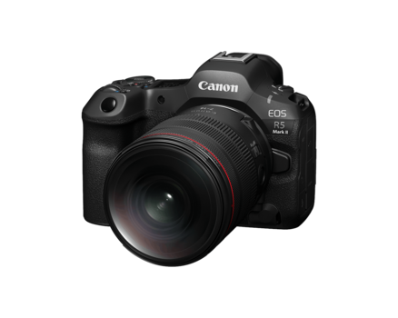 Canon EOS R5 Mark II mirrorless camera with attached RF lens on white background.
