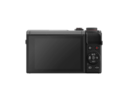 Rear view of a compact digital camera with LCD screen and control buttons visible.