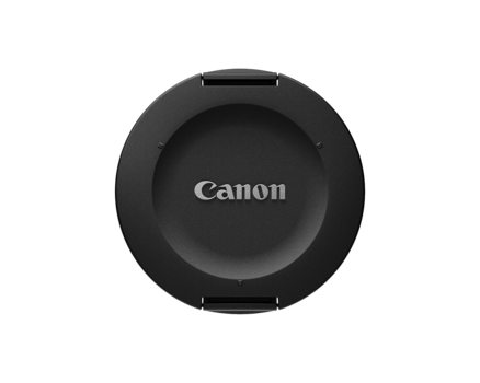 Canon lens cap with snap closure mechanism on white background.