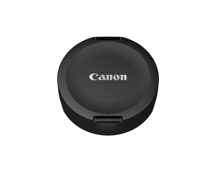 Canon lens cap with snap closure and white logo text on black plastic.