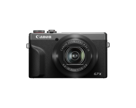 Canon G7X compact camera shown from the front against a white background.