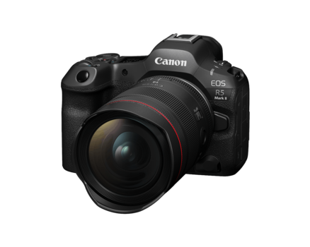 Canon EOS R5 Mark II mirrorless camera with attached RF-mount zoom lens against white background.
