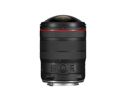 Black telephoto zoom lens with red accent band and control buttons on the barrel.
