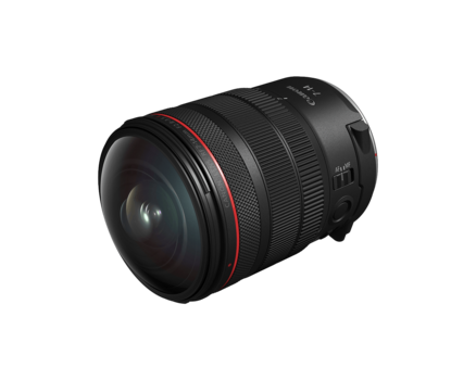 Professional camera lens with wide-angle focal length and red accent ring against white background.