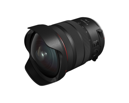 Black wide-angle zoom lens with red accent lines and lens hood, photographed against a white background.