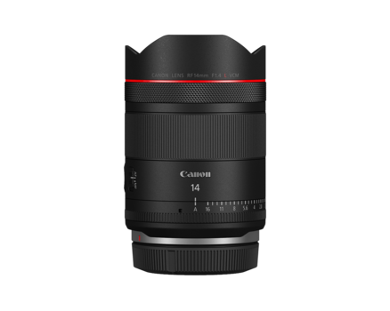 Canon RF 14mm f/1.4L USM ultra-wide angle lens with lens hood attached against white background.