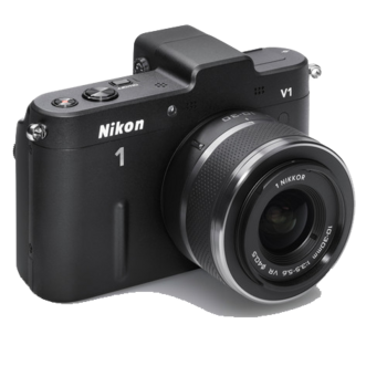 Nikon 1 V1 mirrorless camera with attached zoom lens on white background.