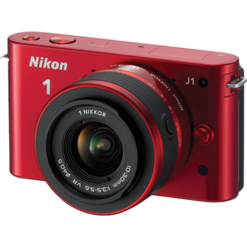 Nikon 1 J1 mirrorless camera in red with attached 1 Nikkor 10-30mm f/3.5-5.6 lens.