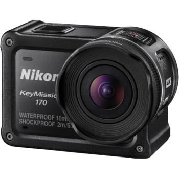 Nikon KeyMission 170 action camera, rugged black body with wide-angle lens and waterproof design.