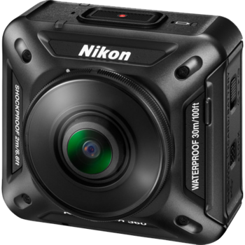 Nikon KeyMission 360 action camera with rugged black body and dual green-tinted lenses.
