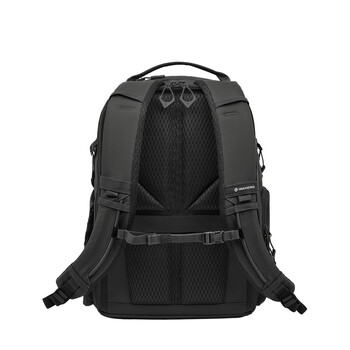 Back view of a black camera backpack with padded mesh panels and shoulder straps.