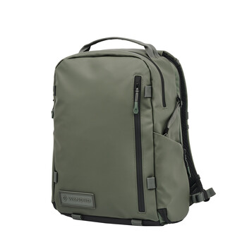Sage green camera backpack with multiple zippered compartments and padded shoulder straps.