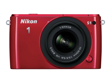 Nikon 1 S1 mirrorless camera in red with attached 1 NIKKOR lens on white background.