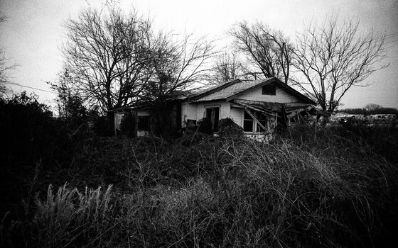 Abandoned house surrounded by overgrown vegetation and bare trees in black and white.