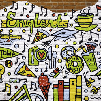 Illustration of colorful doodles featuring musical notes, books, coffee cups, and educational symbols on white background.