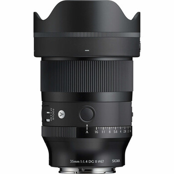 Sigma 35mm f/1.4 DG HSM Art lens with hood attached, showing focus ring and distance scale markings.