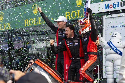 Felipe Nasr, Julien Andlauer, and Laurin Heinrich celebrate their victory at Daytona. 