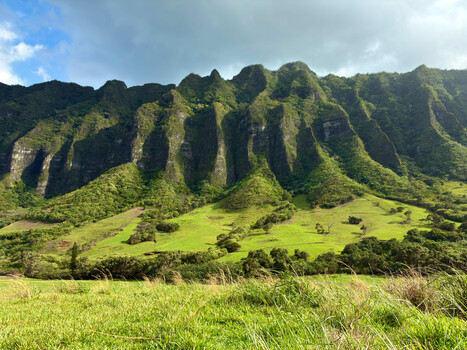 Verdant valley with dramatic fluted mountain ridges rising steeply from lush green pastures.