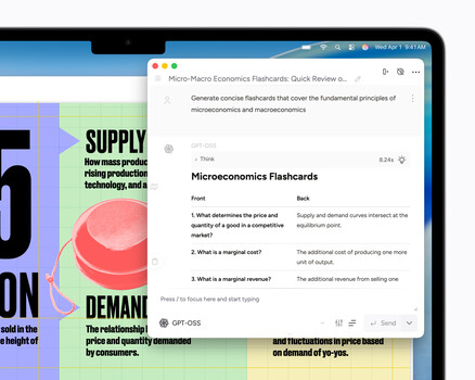Screenshot of economics flashcard app displaying supply and demand concepts with colorful graphic overlay.
