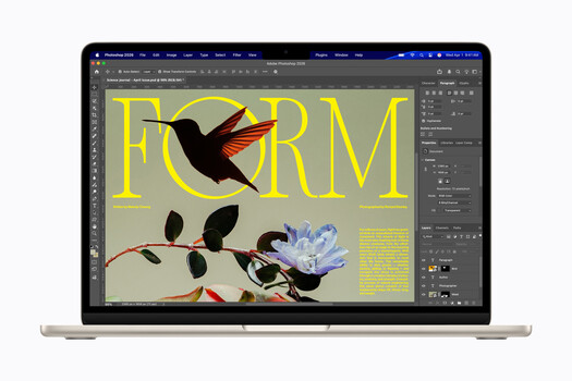 Screenshot of Adobe Photoshop displaying a magazine layout design with yellow typography and botanical illustration.
