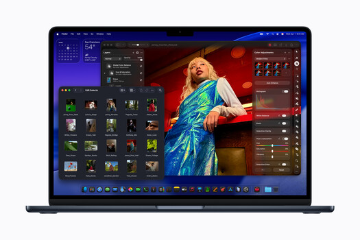 Screenshot of photo editing software displaying a portrait of a performer in a blue sequined costume against a warm-toned background.