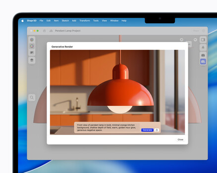 Screenshot of design software showing a generative recolor dialog with a red pendant lamp photograph.
