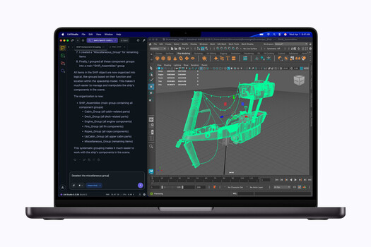 Screenshot of 3D modeling software with a neon green mechanical part displayed in the viewport and code editor visible on the left side.
