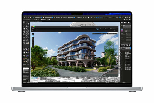 Screenshot of architectural visualization software displaying a modern residential building with curved balconies and landscaping.