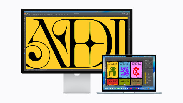 Screenshot of design software showing bold yellow typography with geometric letter forms on desktop and laptop displays.