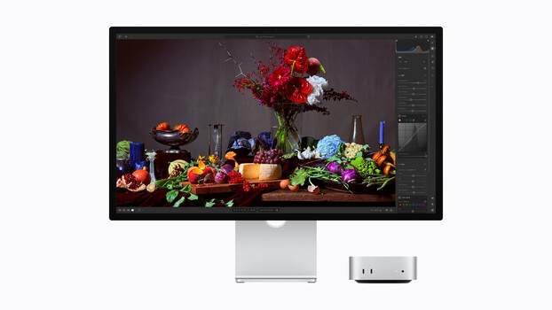Screenshot of photo editing software displaying a vibrant still life arrangement of flowers, fruits, and vegetables on a monitor.