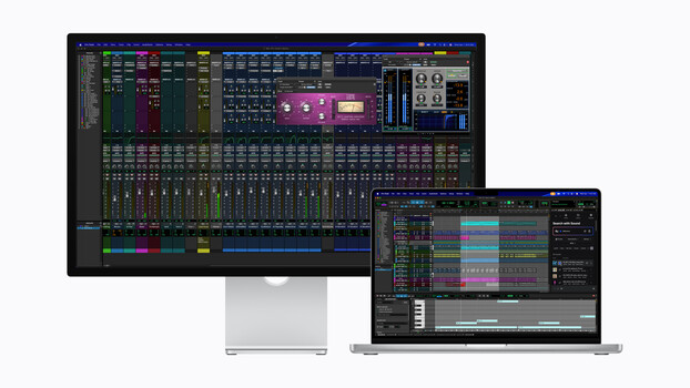 Screenshot of digital audio workstation software displayed on desktop monitor and laptop.