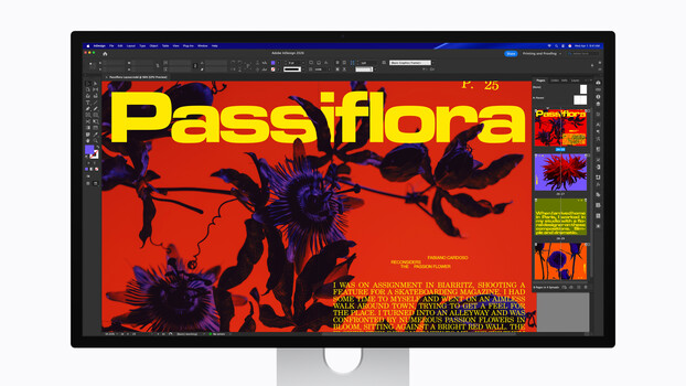 Screenshot of graphic design software displaying a vibrant red poster with bold yellow typography and silhouetted floral imagery.