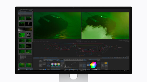 Screenshot of video editing software displaying color grading interface with green-toned footage and waveform analysis.
