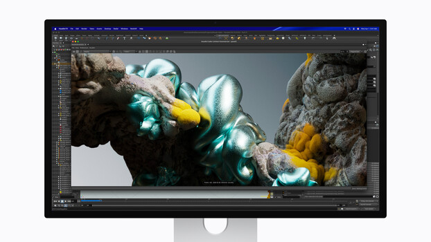 Screenshot of 3D rendering software displaying a stylized sculpture with glowing teal and yellow elements surrounded by rocky forms.