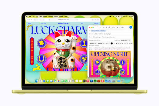 Screenshot of a MacBook displaying colorful lucky charm cat graphics and opening night promotional design.