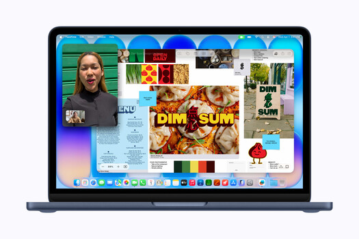 Screenshot of a MacBook Pro displaying a desktop workspace with video call window, design layouts, and food photography.