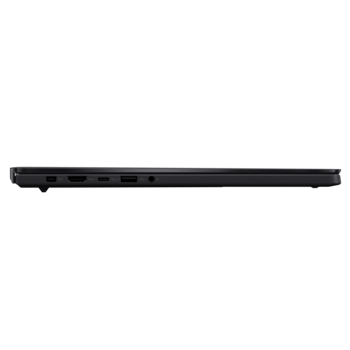 Left side view of a black laptop showing ports and connectivity options along the edge.