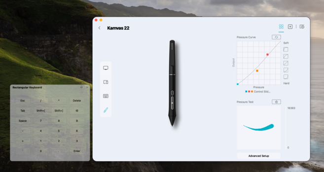 Screenshot of Kamvas 22 pen display software with pressure curve graph and device settings.