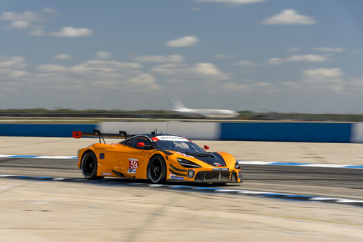 The No. 59 RLL Team McLaren McLaren 720S GT3 drives through Turn 15 at Sebring International Raceway. 